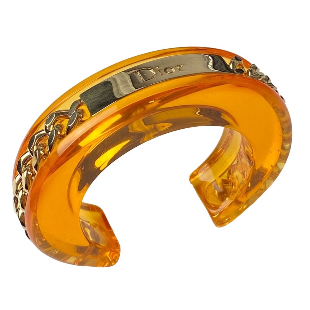 AUTH VTG Christian Dior Orange Lucite Gold Chain Nameplate Logo Cuff Bracelet - Picture 15 of 15